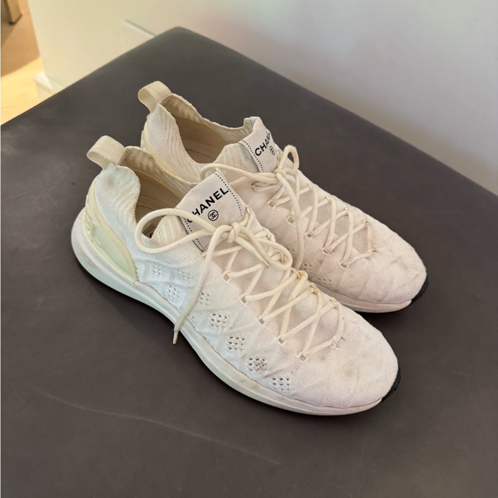 Chanel Quilted Knit Lace Up Sneakers